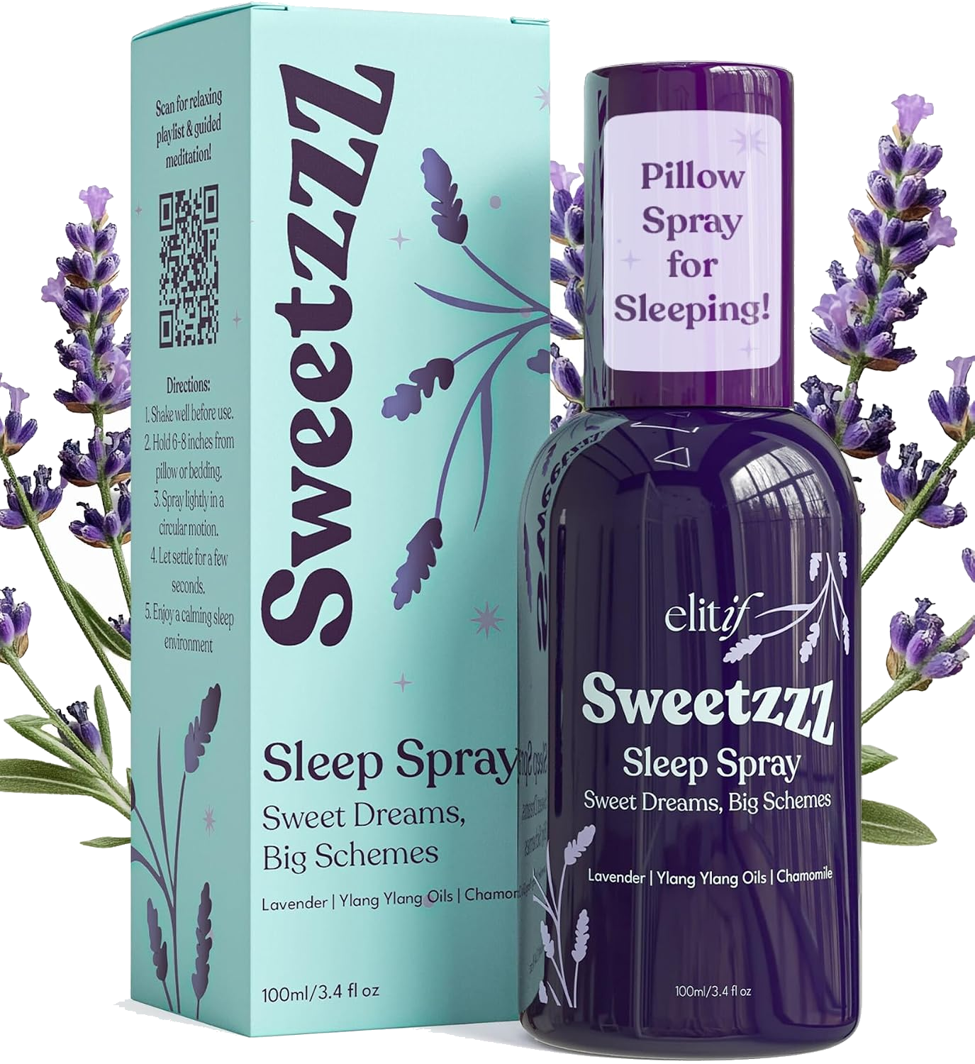 Sweetzzz purple sleep spray bottle and mint packaging with lavender flowers