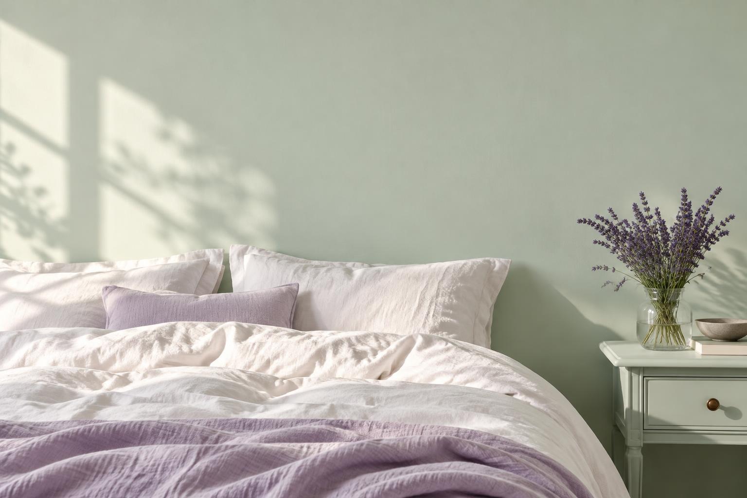 Soft linen bedding and lavender flowers in a peaceful bedroom
